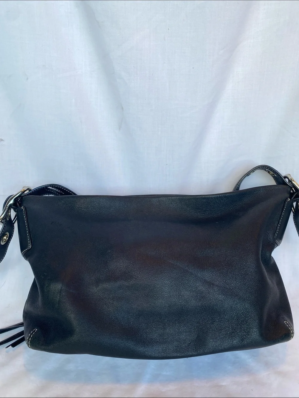 Coach East West 1417 Black Leather Shoulder Bag with Tassel Charm and Zip Pocket